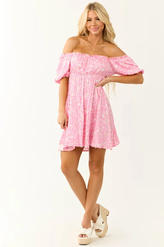 Bubblegum Floral Print Puff Sleeve Mini Dress Trendy Lace Mini Dress