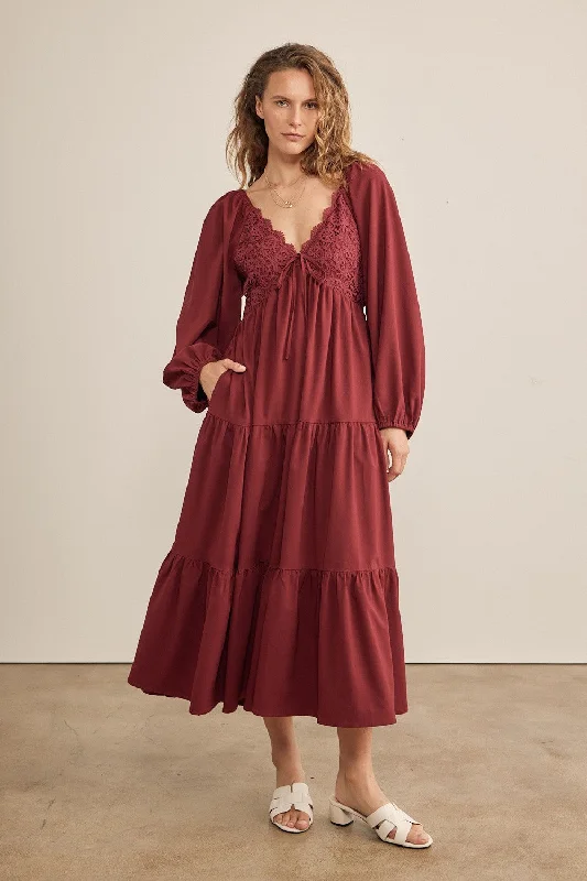 Burgundy Contrast Lace Bodice Tiered Midi Dress Comfortable Fit-and-Flare Midi Dress Burgundy Contrast Lace Bodice Tiered Midi Dress Comfortable Fit-and-Flare Midi Dress