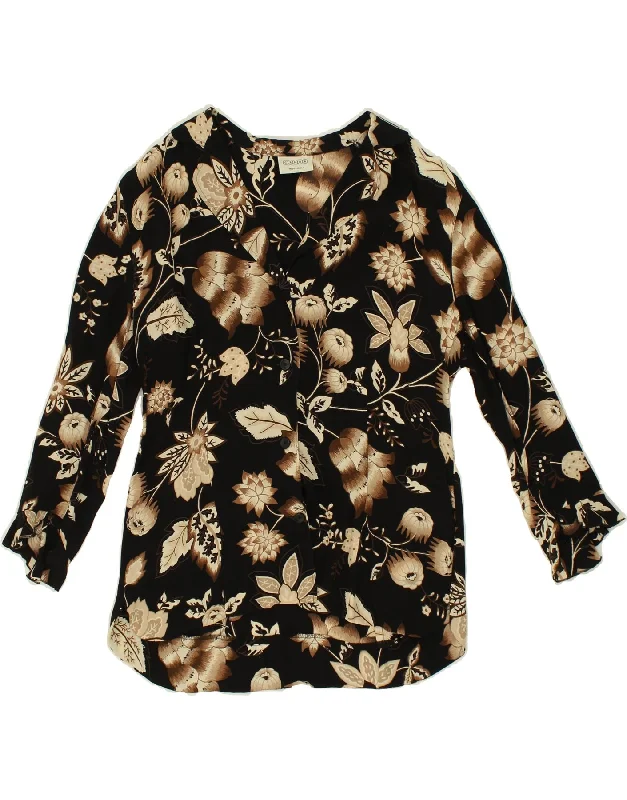 CANDA Womens Shirt Blouse UK 16 Large Black Floral Casual Short Sleeve Top