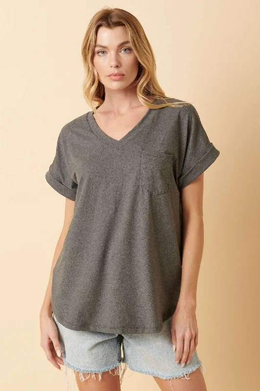 Charcoal V-Neck Pocket Short Sleeve Shirt Comfortable Peplum Short Shirt