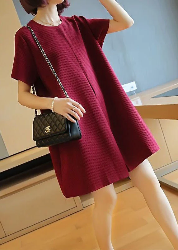 Classy Mulberry O-Neck Wrinkled Cotton Mini Dress Summer Elegant Vintage Mini Dress