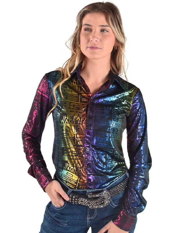 Cowgirl Tuff Womens Mid-Weight Foil Multi-Color Polyester L/S Shirt Stylish Round Neck Shirt Cowgirl Tuff Womens Mid-Weight Foil Multi-Color Polyester L/S Shirt Stylish Round Neck Shirt