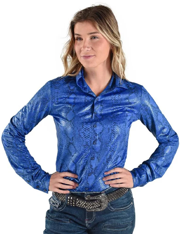 Cowgirl Tuff Womens Mid-Weight Snake Blue Polyester L/S Shirt Elegant Draped Short Shirt Cowgirl Tuff Womens Mid-Weight Snake Blue Polyester L/S Shirt Elegant Draped Short Shirt