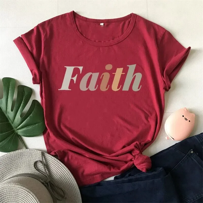 Female Christian Faith Short Sleeve Tee Shirt Elegant Draped Short Shirt
