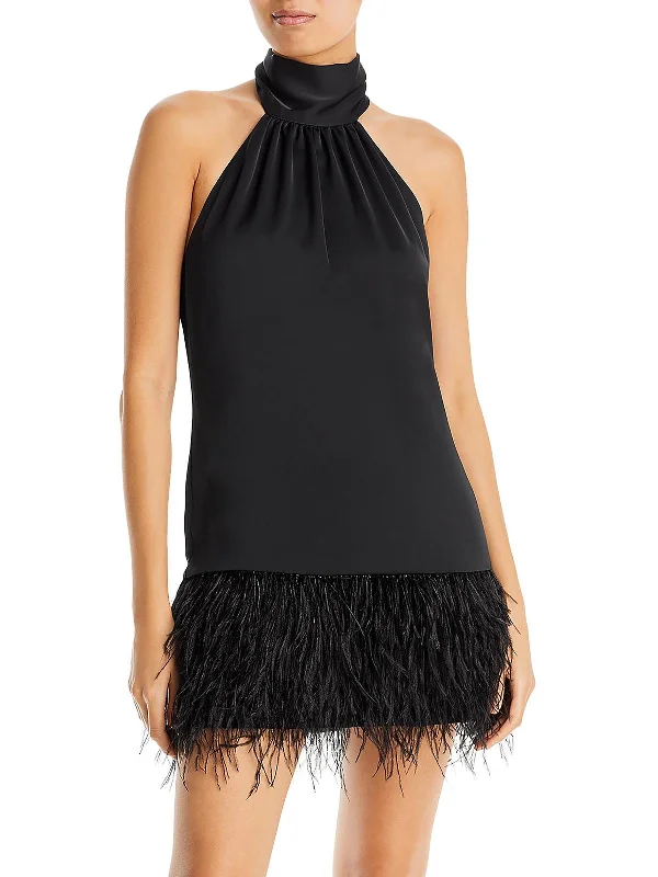 Danni Womens Halter Faux Feather Trim Mini Dress Fashionable Denim Mini Dress