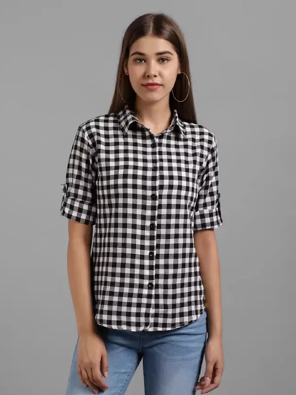 TANDUL  Women Regular Fit Self Design, Checkered Casual Shirt Casual Plain Short Shirt