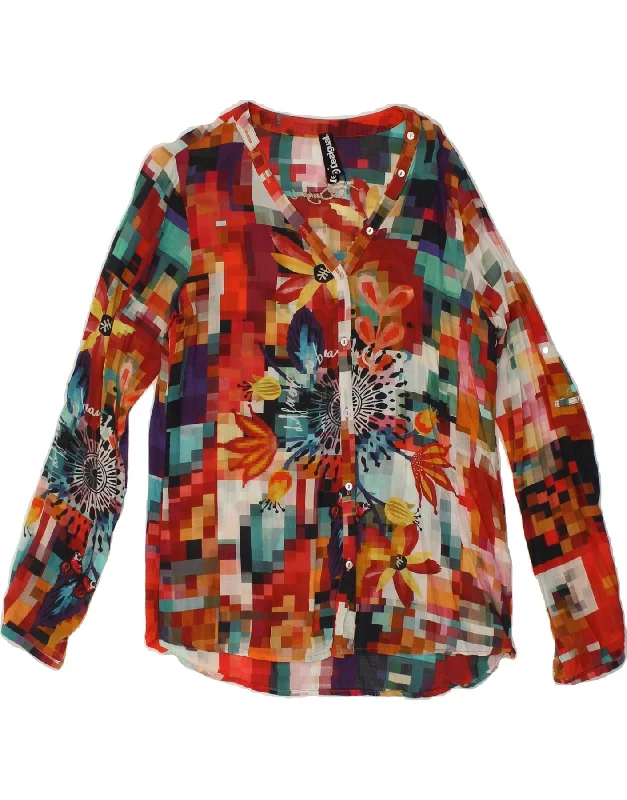 DESIGUAL Womens Shirt Blouse UK 10 Small Red Floral Modal Relaxed Fit Short Blouse