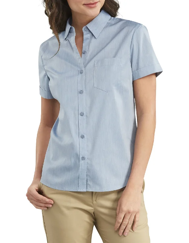 Dickies Womens Stretch Button-Up Shirt Cozy Plain Short Sleeve