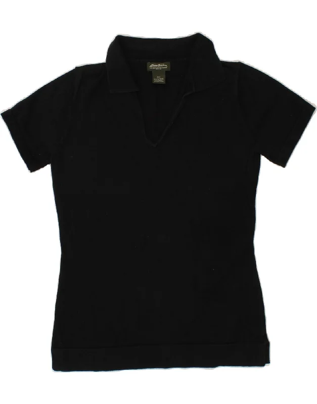 EDDIE BAUER Womens Polo Shirt UK 12 Medium Black Cotton Casual Ruffle Short Shirt