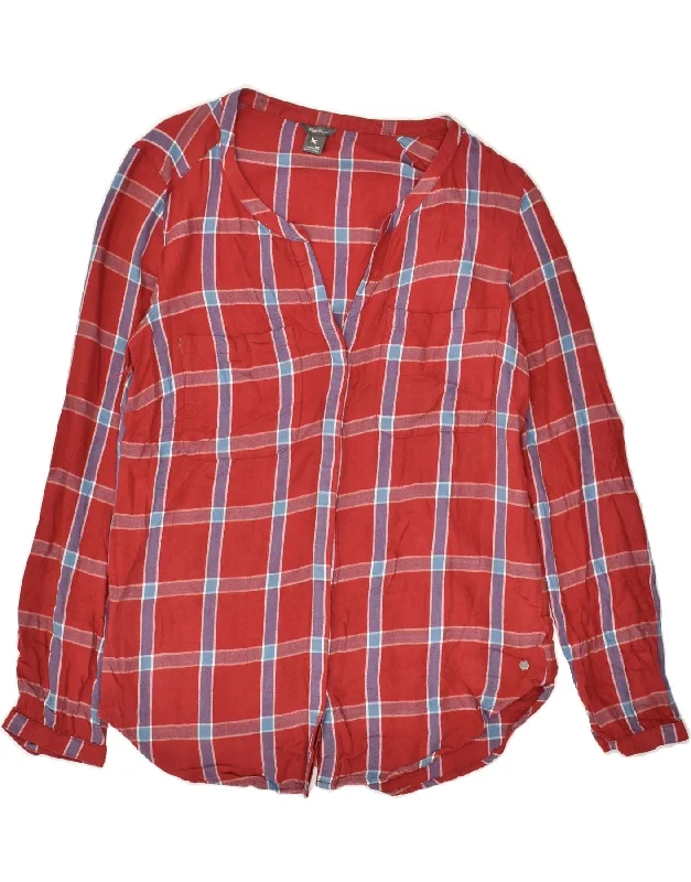 EDDIE BAUER Womens Shirt Blouse UK 6 XS Red Check Rayon Cozy Summer Short Shirt