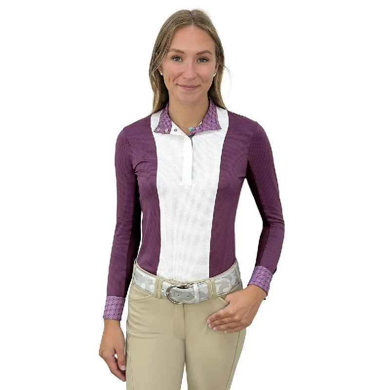 Essex Classics Ladies "Dark Plum" Luna Performance Long Sleeve Show Shirt Elegant Off-Shoulder Short Shirt Essex Classics Ladies "Dark Plum" Luna Performance Long Sleeve Show Shirt Elegant Off-Shoulder Short Shirt