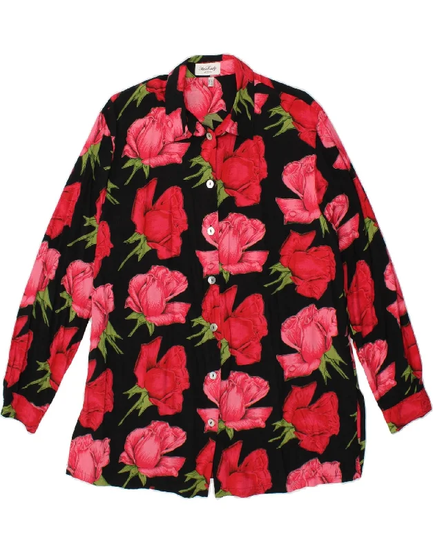 FAIR LADY Womens Shirt Blouse UK 18 XL Red Floral Viscose Soft Cotton Short Tee