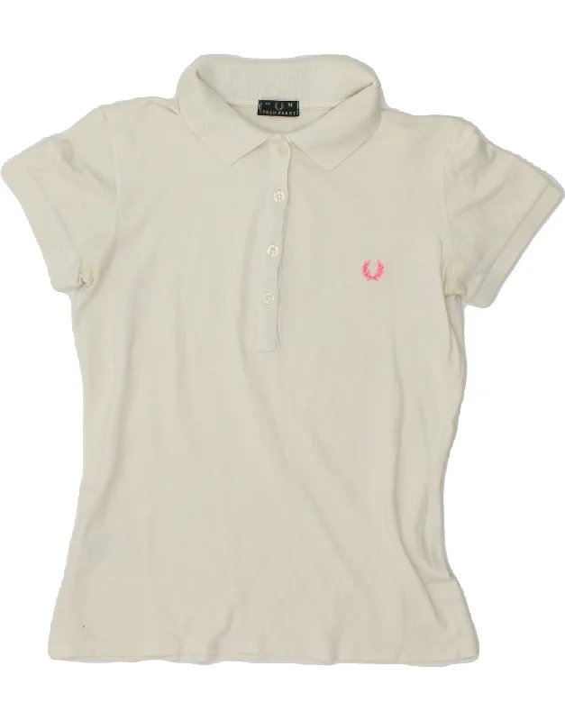 FRED PERRY Womens Polo Shirt UK 12 Medium White Cotton Fashionable Rounded Short Shirt