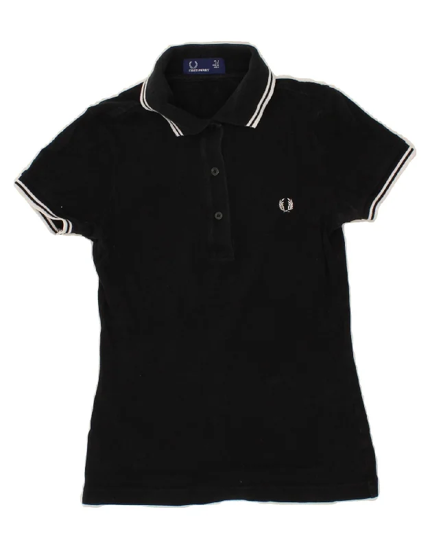 FRED PERRY Womens Polo Shirt UK 8 Medium Black Cotton Classic Solid Short Shirt