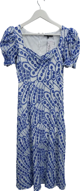 Girl In Mind Blue Lillian Broderie Anglais Midi Dress UK 8 Trendy Tiered Hem Midi Dress