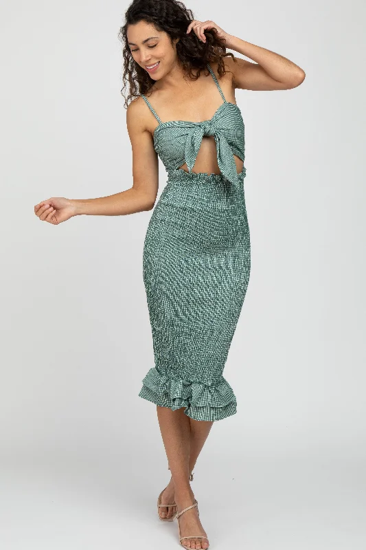 Green Gingham Print Smocked Fitted Self-Tie Midi Dress Trendy Ruffle Hem Midi Dress