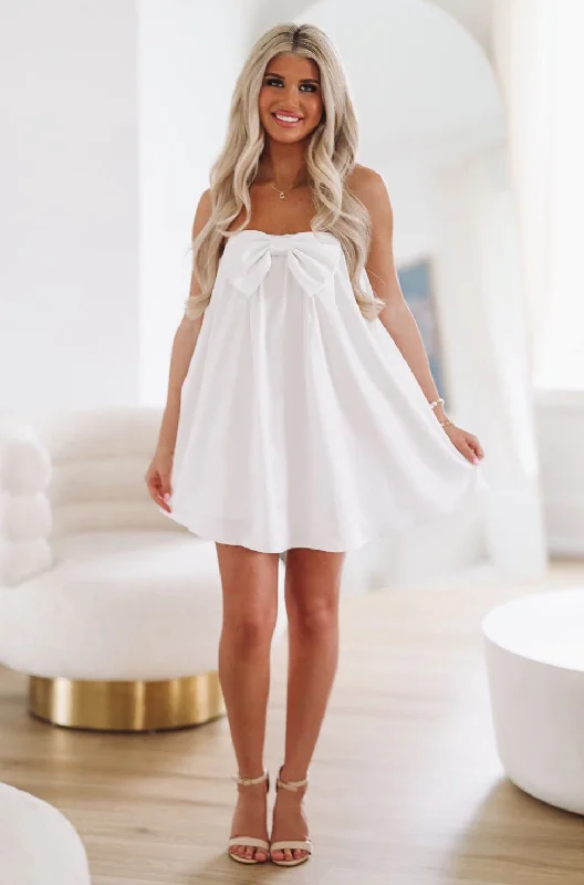 I Said Yes Bow Mini Dress - White Comfortable Smocked Mini Dress