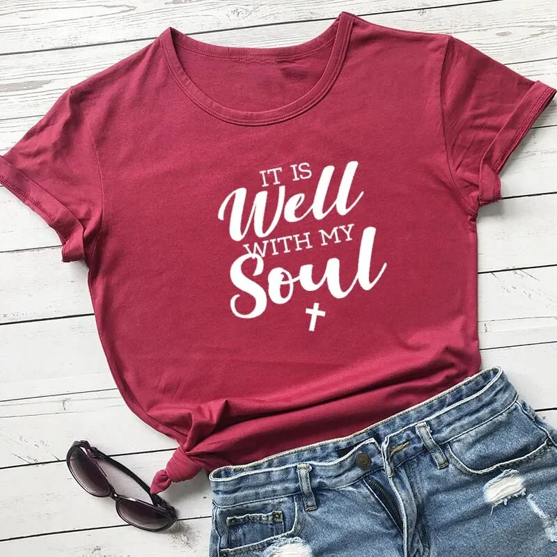 Women's It Is Well With My Soul Cotton Christian Short Sleeve Tee Shirt Casual Button-Up Short Tee Women's It Is Well With My Soul Cotton Christian Short Sleeve Tee Shirt Casual Button-Up Short Tee