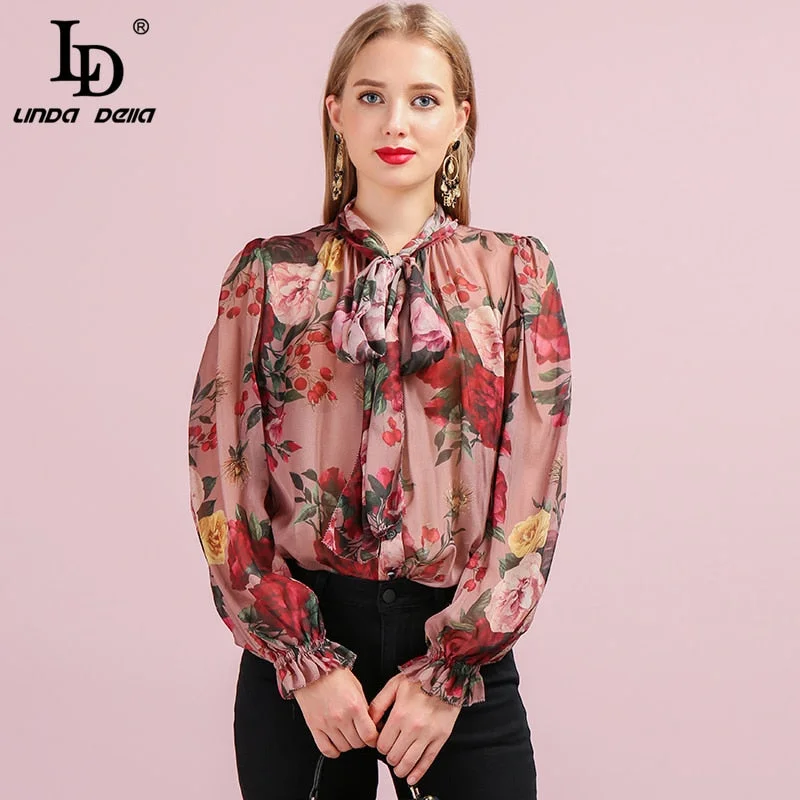 LD LINDA DELLA Runway Fashion Autumn Silk Shirt Women's Butterfly Sleeve Floral Printed Bowknot Elegant Vintage Loose Blouse Cozy Knit Short Sleeve Top