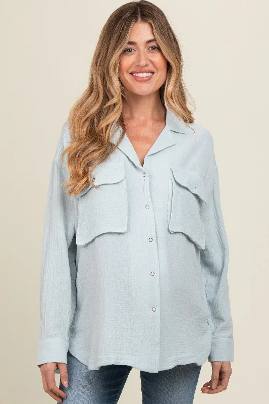 Light Blue Cotton Gauze Button Down Maternity Shirt Trendy Button-Front Short Sleeve