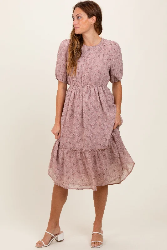 Mauve Printed Textured Midi Dress Fashionable Plaid Midi Dress