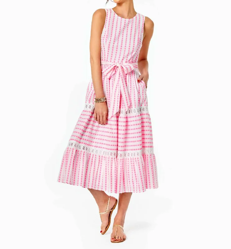 Maybella Tiered Midi Dress in Gingham Stripe Jacquard Comfortable Lace-Up Midi Dress Maybella Tiered Midi Dress in Gingham Stripe Jacquard Comfortable Lace-Up Midi Dress