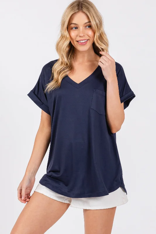 Navy V-Neck Pocket Short Sleeve Shirt Stylish Split-Hem Short Shirt