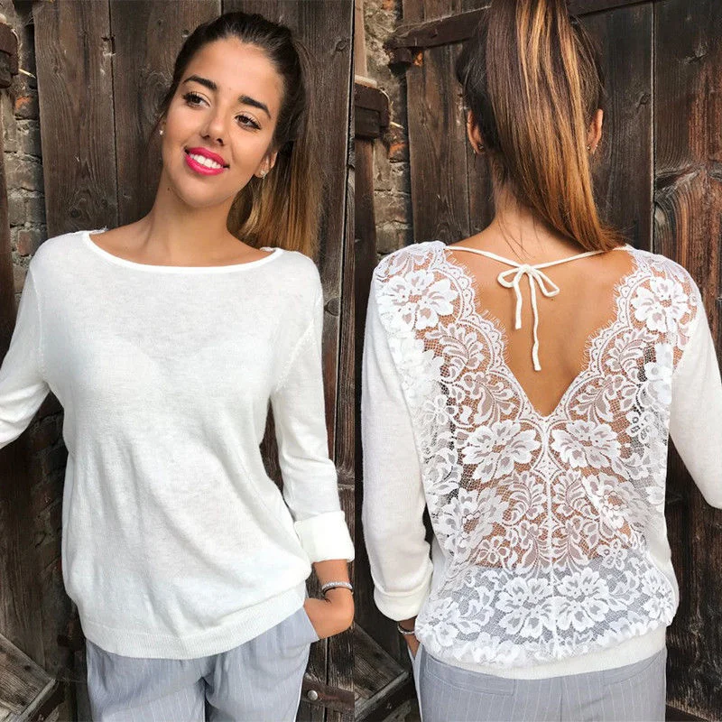 New Fashion Women Backless Lace Sheer Long Sleeve Embroidery Floral Lace Crochet Tee Shirt Tops Blouse Trendy Floral Print Tee