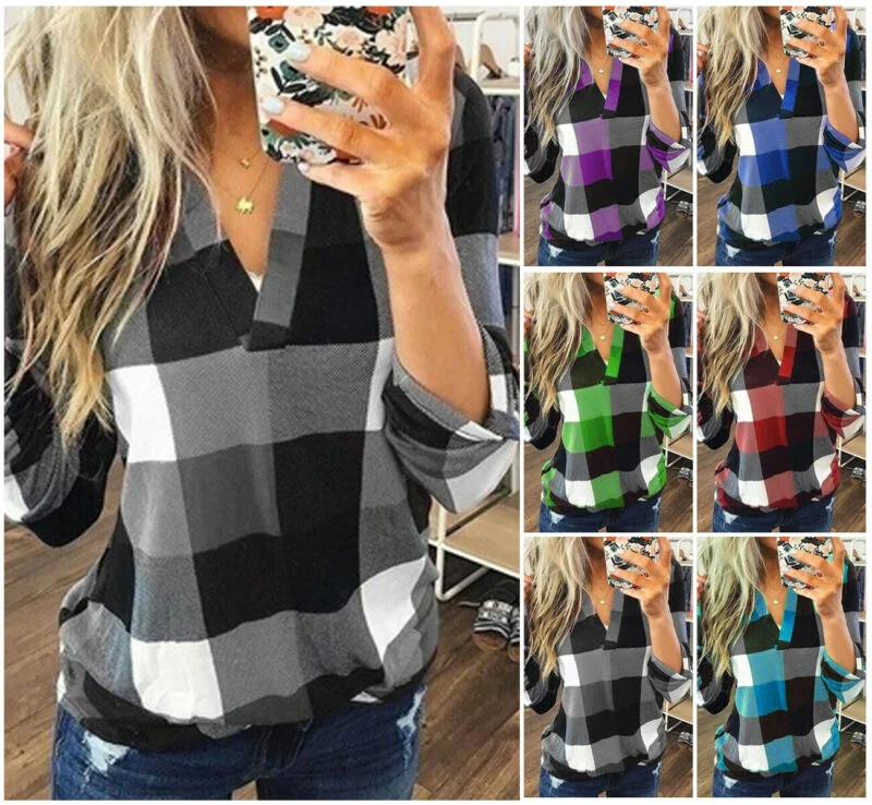 New Women V-Neck Check Lattice Plaid Shirt Tops Long Sleeve Lady Casual Loose Blouse Plus Size S-3XL Casual Loose Short Sleeve