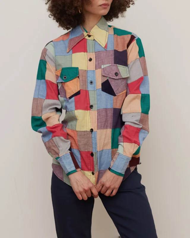 1970's Indian Madras Patchwork Shirt Classic Button-Up Short Tee