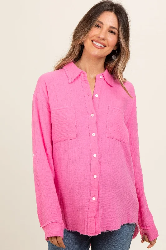 Pink Front Pocket Fringe Hem Button Up Maternity Shirt Elegant Button-Down Short Shirt