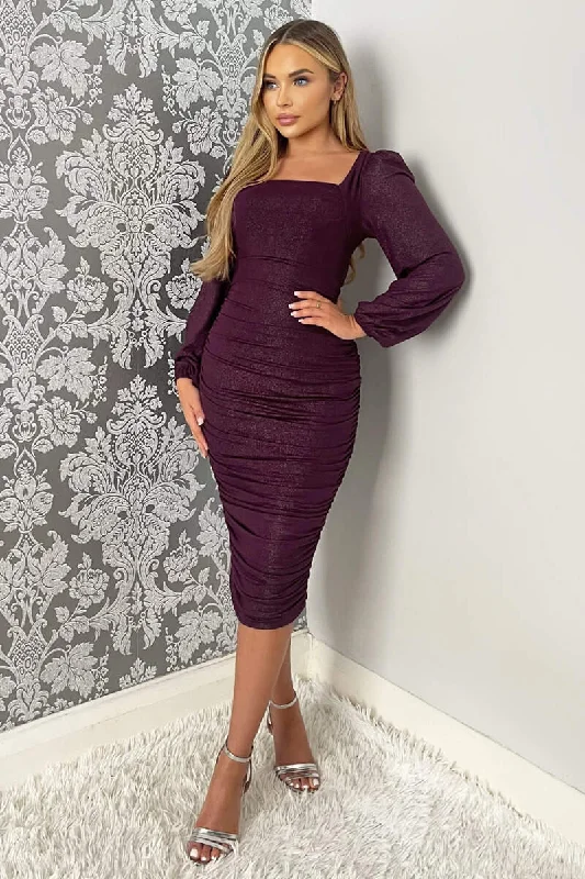 Plum Square Neck Long Sleeve Ruched Shimmer Midi Dress Comfortable Button Front Midi Dress