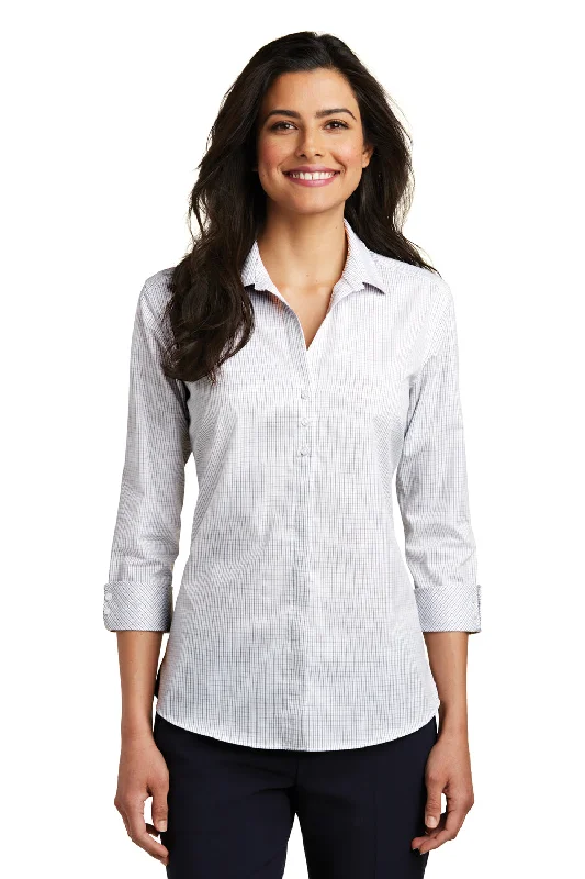 Port Authority Womens Easy Care Wrinkle Resistant 3/4 Sleeve Button Down Shirt - White/Dark Grey - Closeout Casual Plain Short Shirt Port Authority Womens Easy Care Wrinkle Resistant 3/4 Sleeve Button Down Shirt - White/Dark Grey - Closeout Casual Plain Short Shirt