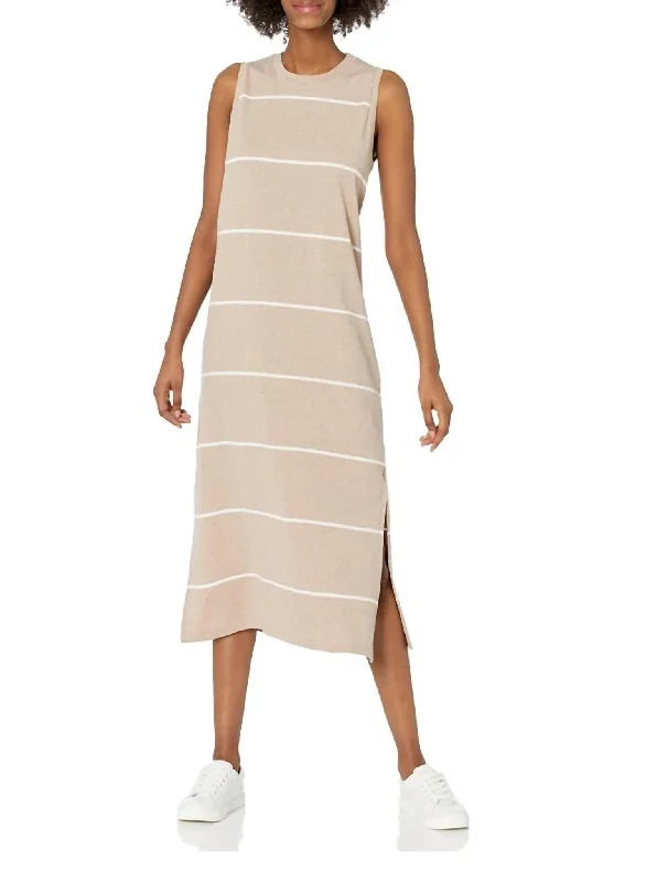 Quinn Midi Dress in Tan Stripe Stylish Cold Shoulder Midi Dress