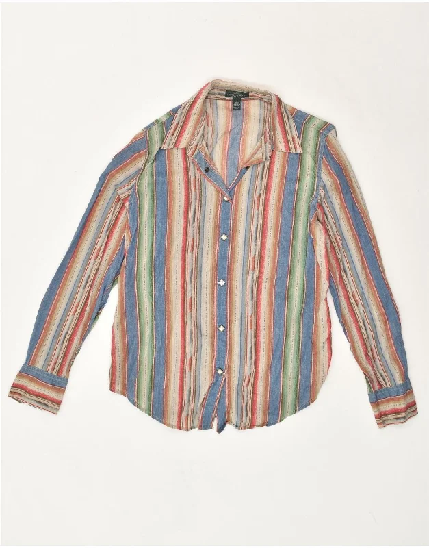 RALPH LAUREN Womens Shirt UK 14 Medium Multicoloured Striped Cotton Relaxed Fit Short Sleeve Top