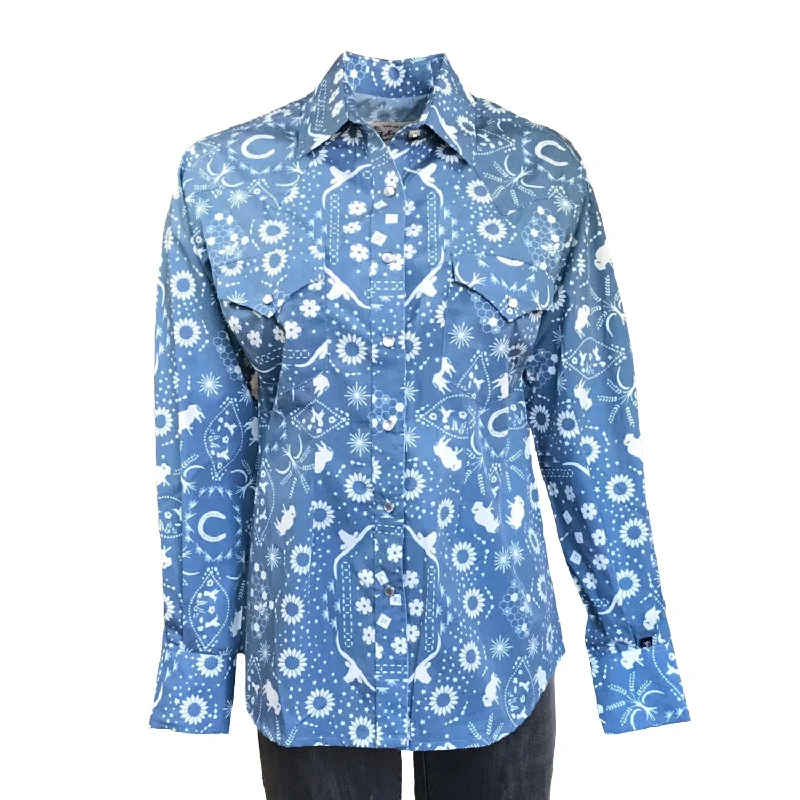 Rockmount Womens Blue Cotton Blend Bison Bandana Print L/S Shirt Trendy Tie-Front Short Shirt Rockmount Womens Blue Cotton Blend Bison Bandana Print L/S Shirt Trendy Tie-Front Short Shirt