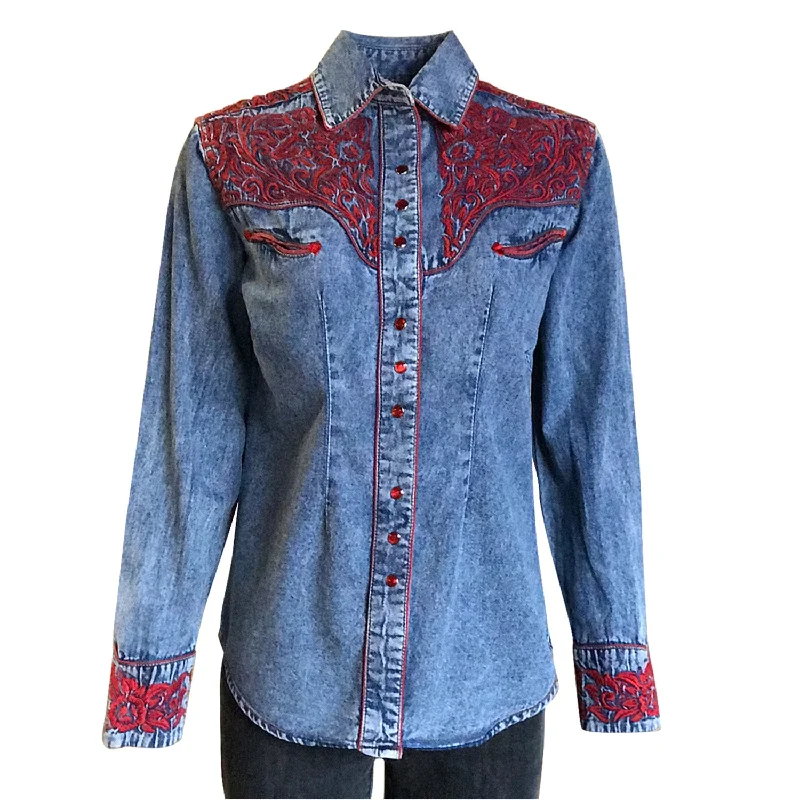 Rockmount Womens Denim/Red 100% Cotton Vintage Tooling Embroidery L/S Shirt Casual Oversized Short Shirt Rockmount Womens Denim/Red 100% Cotton Vintage Tooling Embroidery L/S Shirt Casual Oversized Short Shirt