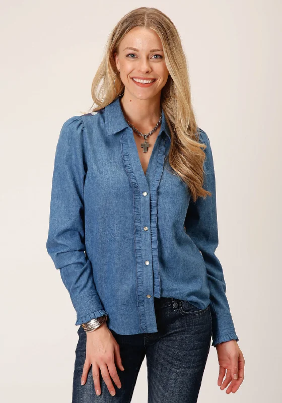 Roper Womens Cowboy Toile Blue 100% Cotton L/S Shirt Relaxed Button-Down Short Shirt Roper Womens Cowboy Toile Blue 100% Cotton L/S Shirt Relaxed Button-Down Short Shirt