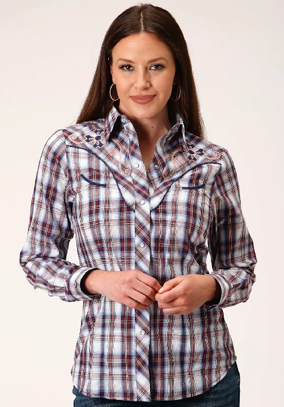 Roper Womens Fancy Applique Wine/Navy Cotton Blend L/S Shirt Fashionable Cuffed Short Sleeve Roper Womens Fancy Applique Wine/Navy Cotton Blend L/S Shirt Fashionable Cuffed Short Sleeve