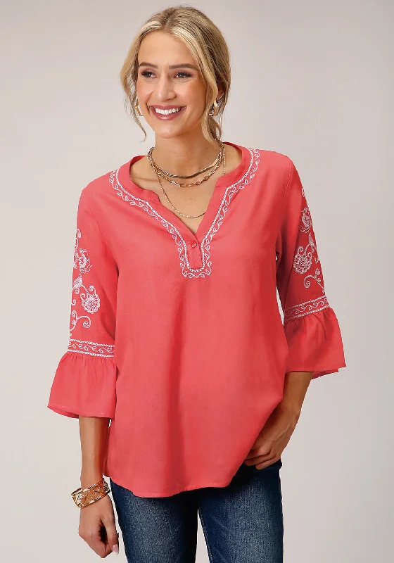 Roper Womens Orange Rayon/Nylon L/S Shirt Comfortable Short Sleeve Blouse