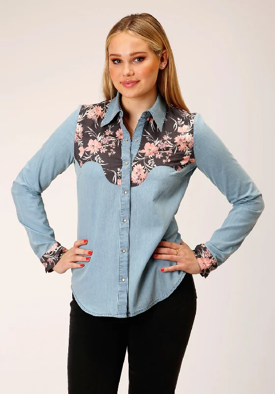 Roper Womens Pretty Retro Blue 100% Cotton L/S Shirt Soft Silk Short Sleeve