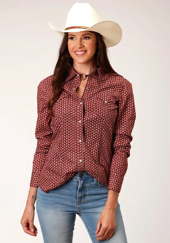 Roper Womens Shadow Geo Red 100% Cotton L/S Shirt Fashionable Short Sleeve Shirt