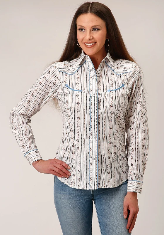 Roper Womens Wallpaper Stripe White Cotton Blend L/S Shirt Relaxed Fit Short Sleeve Top Roper Womens Wallpaper Stripe White Cotton Blend L/S Shirt Relaxed Fit Short Sleeve Top
