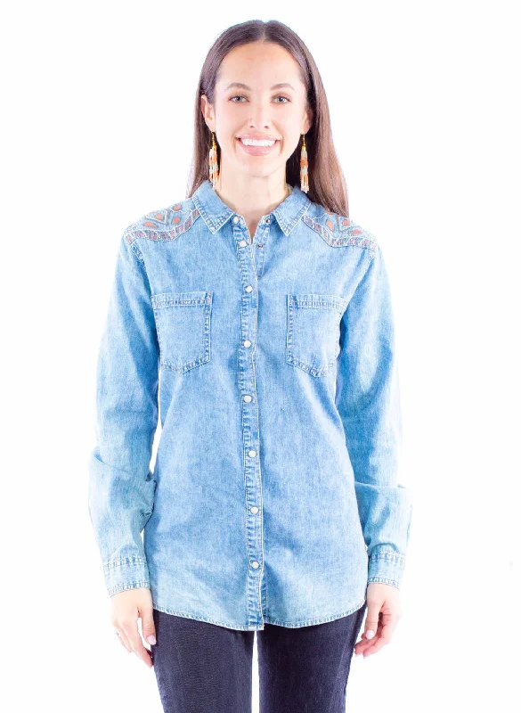 Scully Womens Acid Wash Blue 100% Cotton L/S Shirt Fashionable Tied Short Sleeve