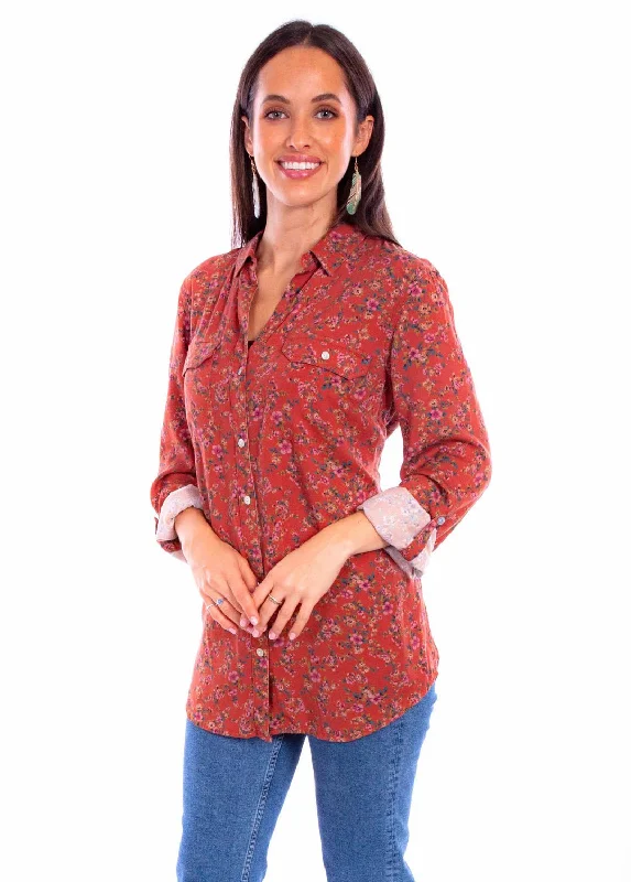 Scully Womens Ditsy Floral Rust 100% Rayon L/S Shirt Comfortable Loose Short Sleeve