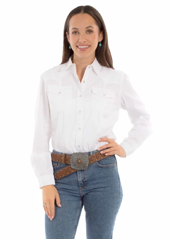 Scully Womens Plain Western White 100% Cotton L/S Shirt Stylish Round Neck Shirt