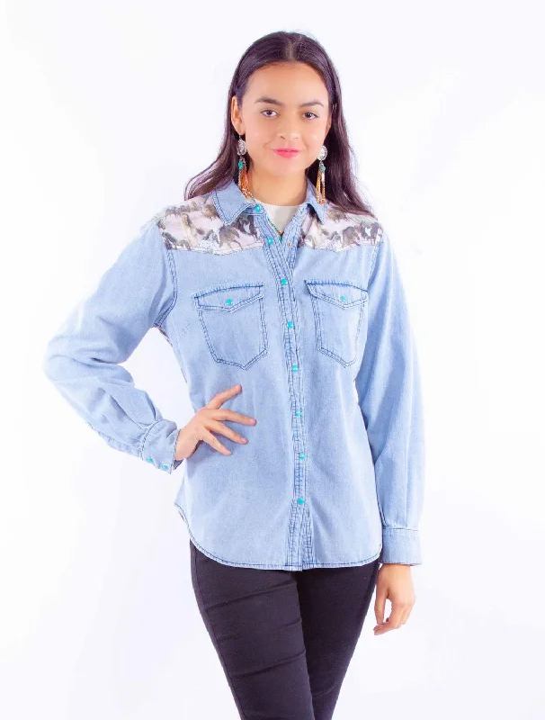 Scully Womens Running Horses Scene Denim Cotton Blend L/S Shirt Classic Short Sleeve Blouse Scully Womens Running Horses Scene Denim Cotton Blend L/S Shirt Classic Short Sleeve Blouse