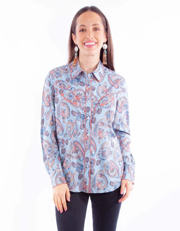 Scully Womens Western Paisley Blue 100% Rayon L/S Shirt Relaxed Short Sleeve Tee
