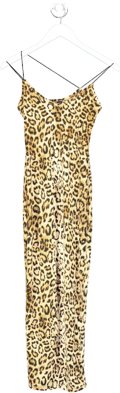 SHEIN Brown Leopard Print Midi Dress With Slit Detail UK XS Fashionable Sheer Sleeve Midi Dress SHEIN Brown Leopard Print Midi Dress With Slit Detail UK XS Fashionable Sheer Sleeve Midi Dress