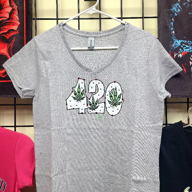 Strong Island Clothing - 420 / Woman's V Neck T Shirt with or without Bling Casual Boxy Short Shirt